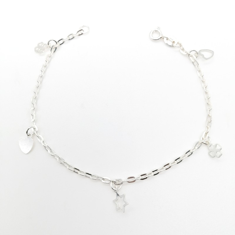 PULSERA CON DIJES COLGANTES LISOS DE CORAZÓN, ESTRELLA Y TRÉBOL