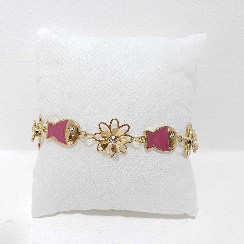 PULSERA FLOR Y PEZ ROSA/ACERO INOXIDABLE
