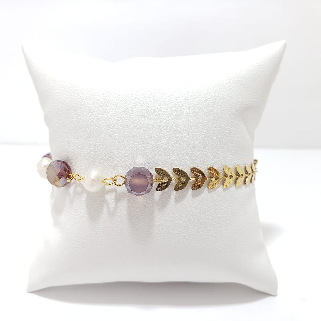 PULSERA GOLD DE BORLAS CAFÉ Y PERLAS CADENA HOJA/ACERO