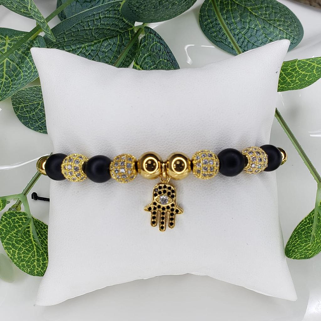 PULSERA BORLAS NEGRAS MANO HAMSA/ACERO