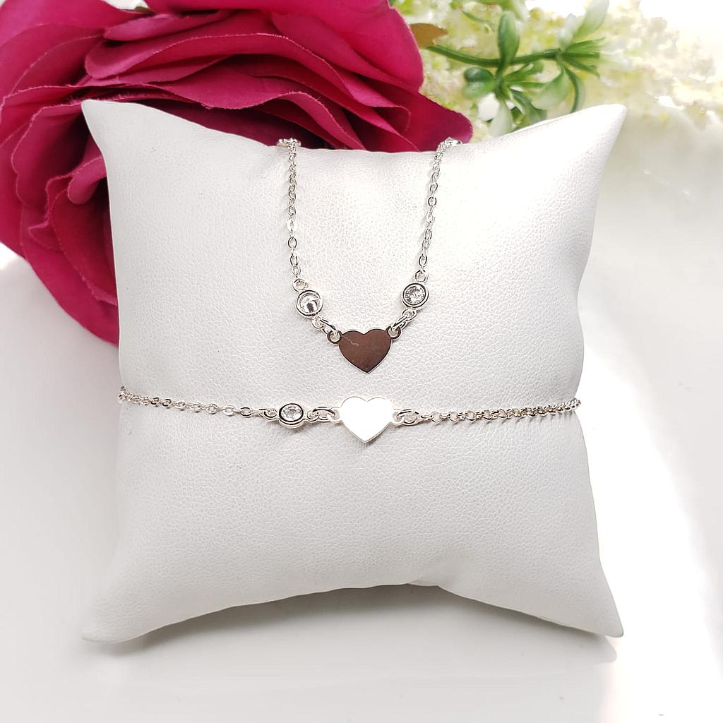 CONJUNTO GARGANTILLA + PULSERA CORAZON Y CIRCONIO PLATA 925 LAMINADO DE ORO