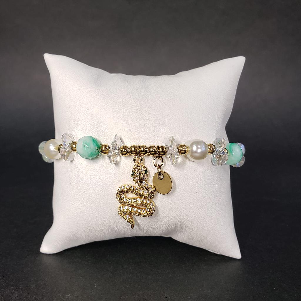 PULSERA CON BORLAS VERDE, PERLAS Y SERPIENTE/ACERO