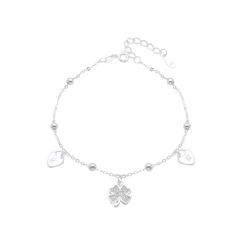 TOBILLERA DE CADENA FORZATINA CON BOLITAS Y DIJES COLGANTES DE TRÉBOL Y CORAZONES