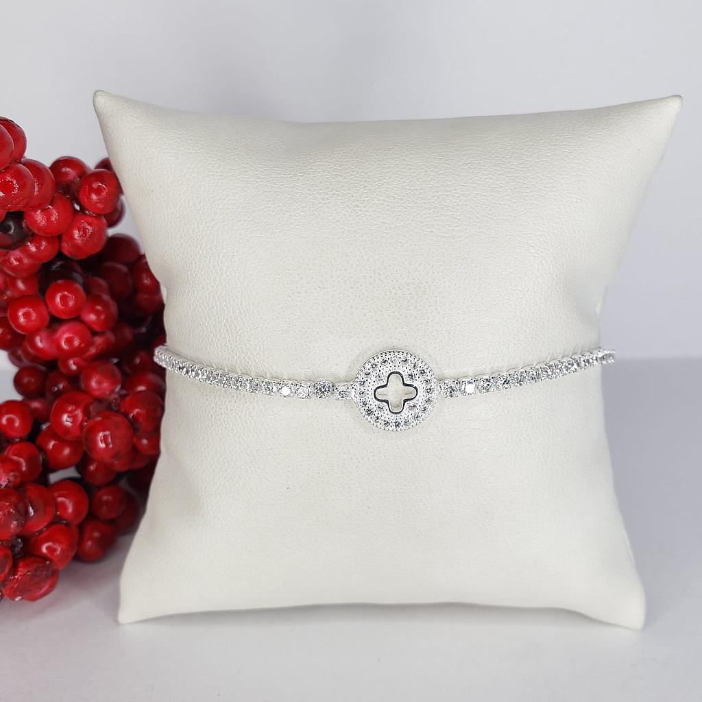 PULSERA DE DAMA AJUSTABLE CIRCONIO TENNIS TREBOL  PLATA 925