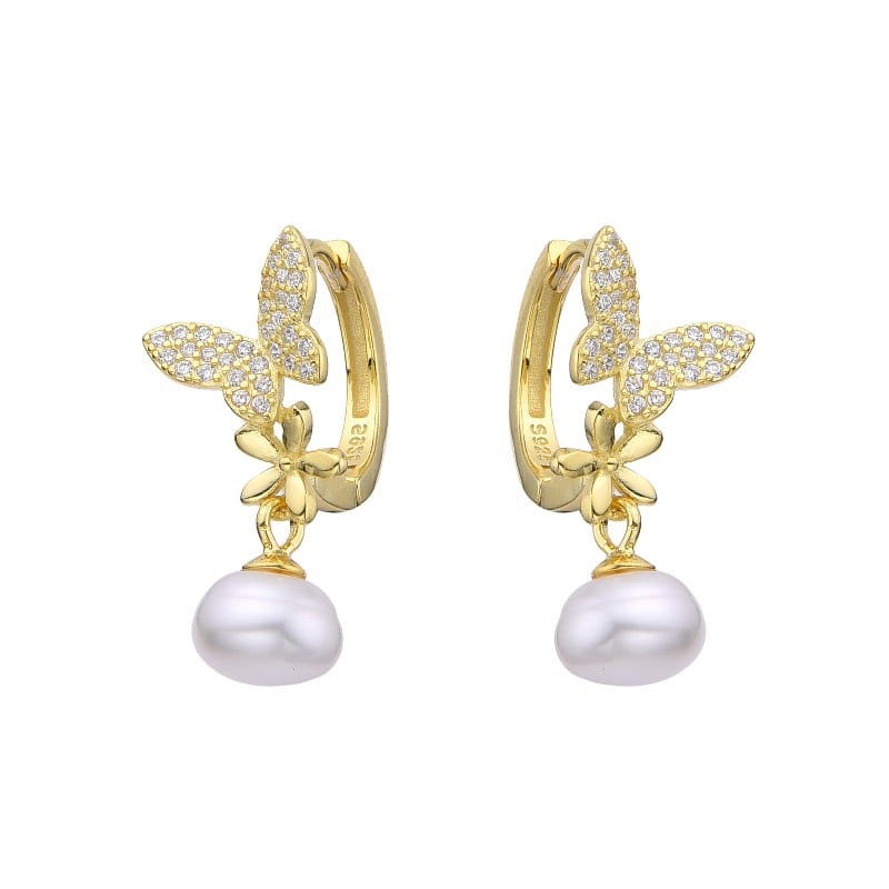 HUGGIES DE MARIPOSAS, FLOR Y PERLA CULTIVADA 7MM