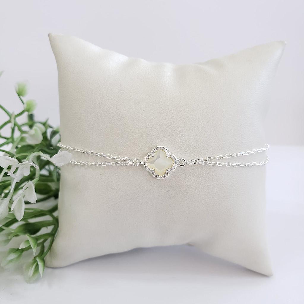 PULSERA DOBLE CADENA UN DIJE  BLANCO VAN CLEEF PLATA 925