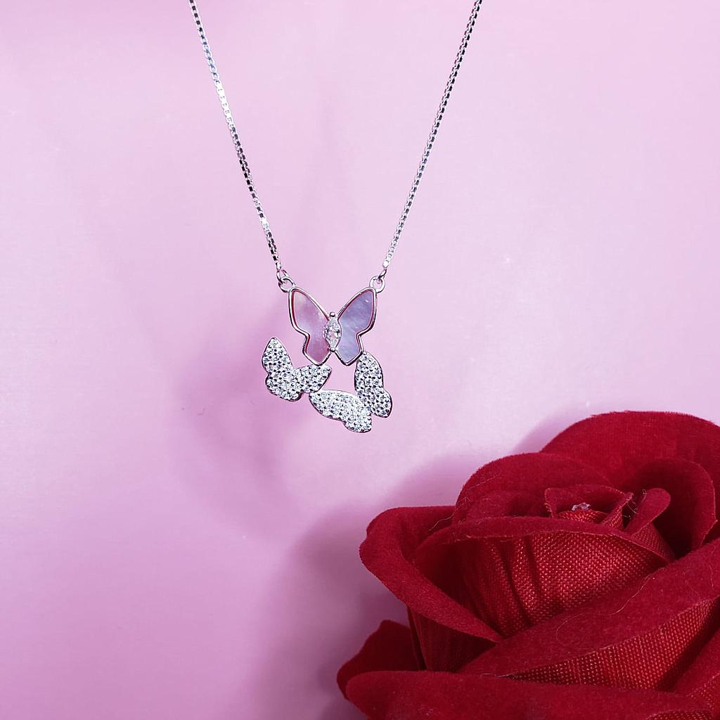 GARGANTILLA MARIPOSAS EN ROSADO PLATA 925